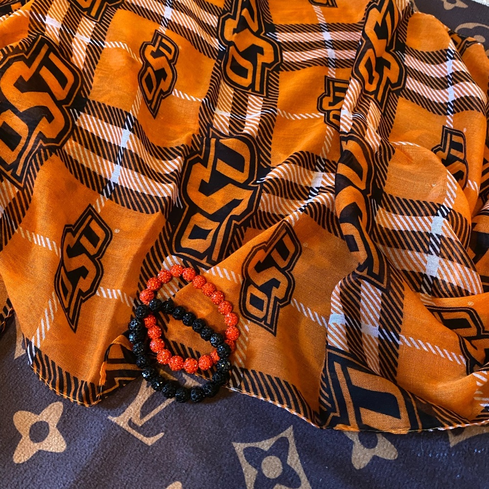 Oklahoma State University scarf 2 bracelets